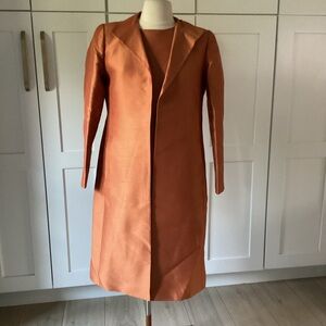 Ellen Tracy 100% Silk 2-Piece Set 8/10 P Longline Jacket & Midi Dress Orange